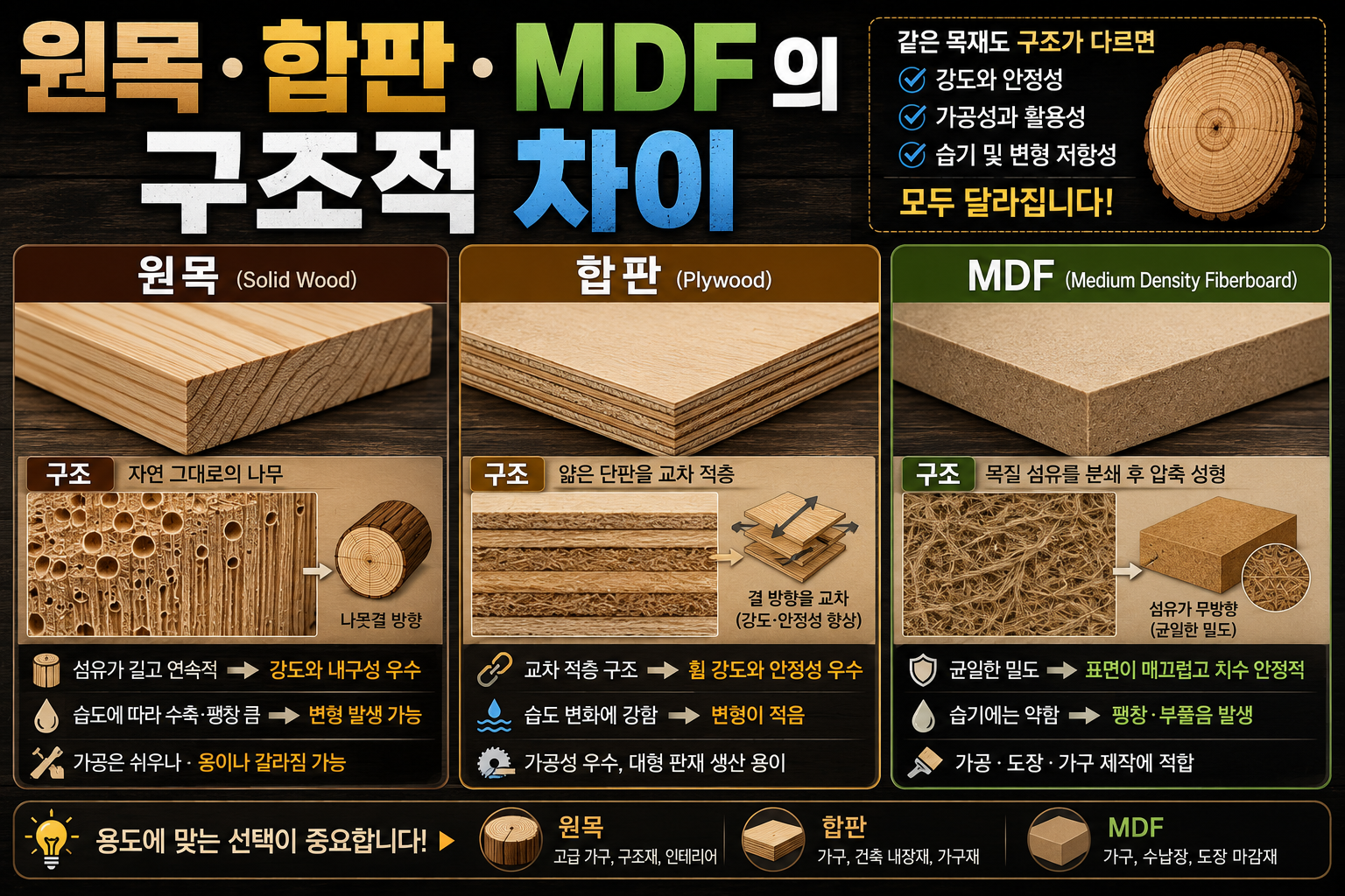 원목·합판·MDF의 구조적 차이