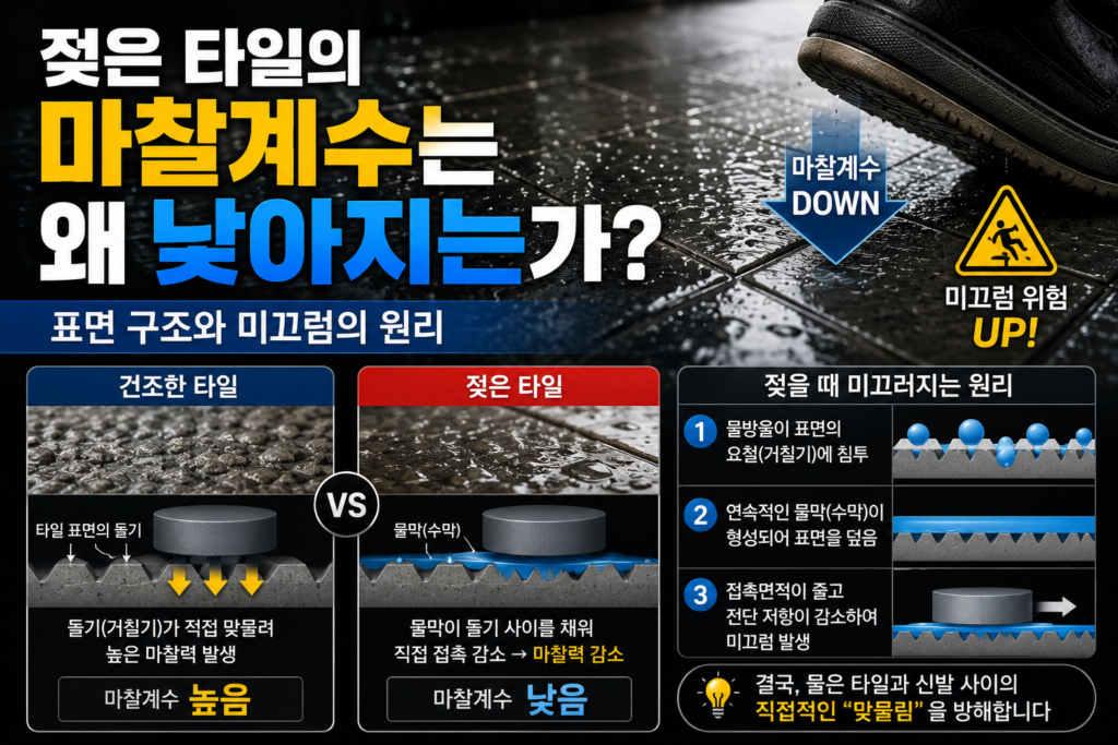 젖은 타일의 마찰계수는 왜 낮아지는가