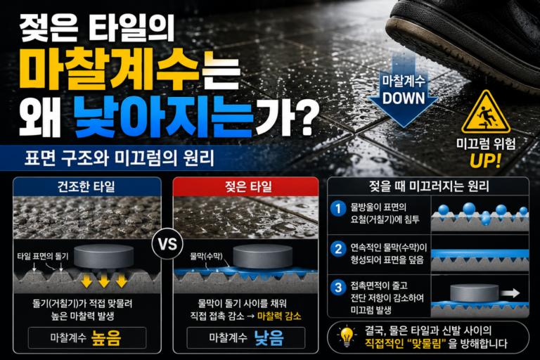 젖은 타일의 마찰계수는 왜 낮아지는가