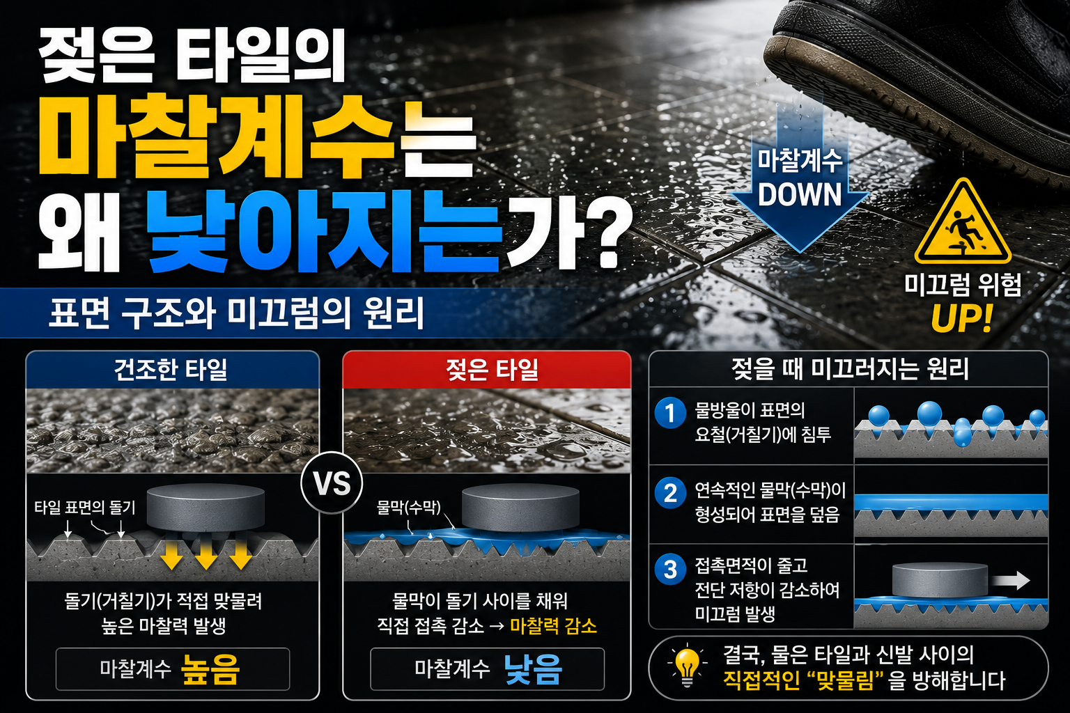 젖은 타일의 마찰계수는 왜 낮아지는가